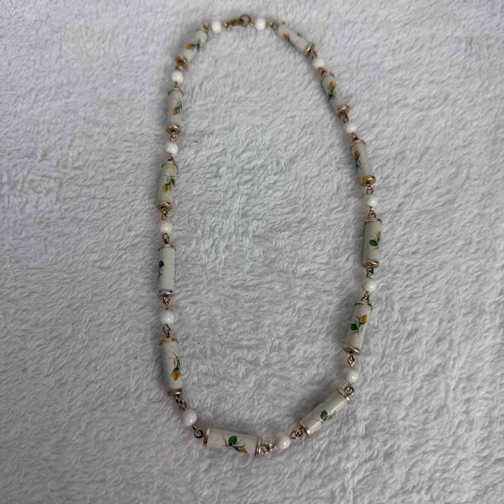 Vintage Floral Porcelain Tube Bead & White Round Bead Long Necklace 38 Inch Gold